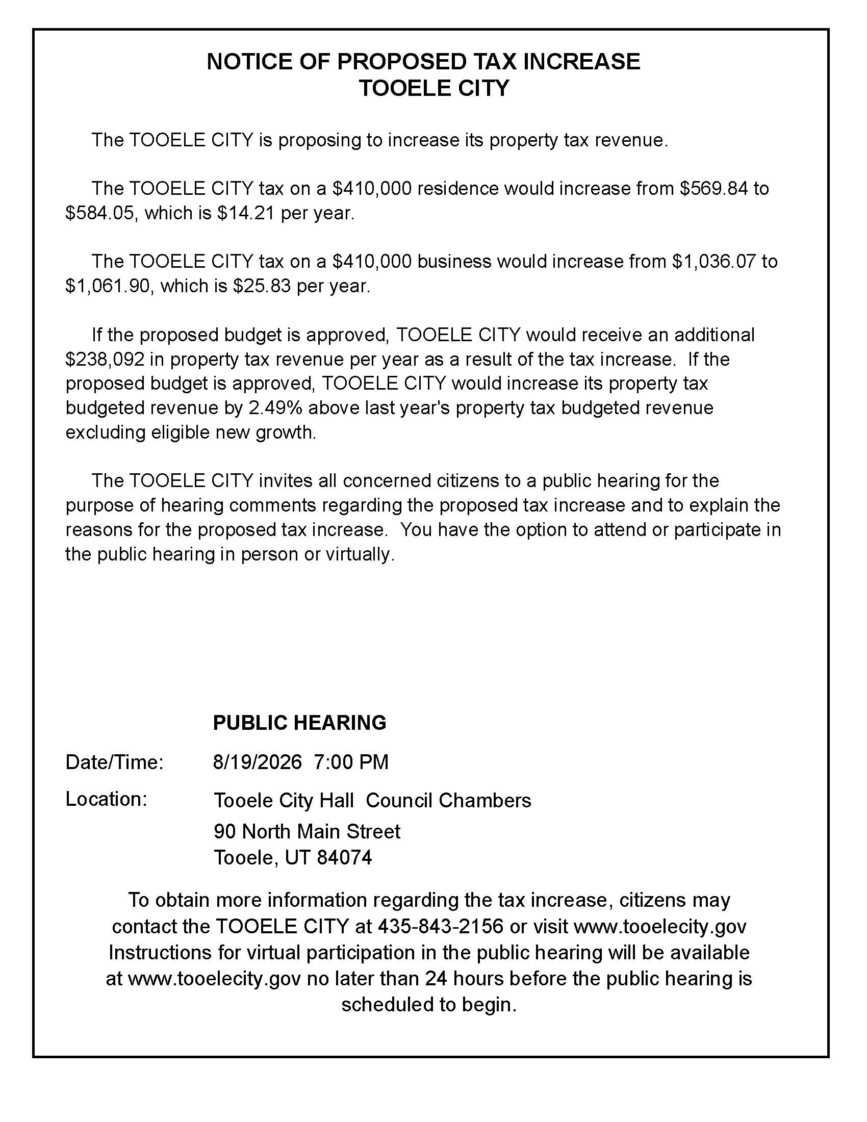 Notice of a Public Hearing on 8/19/2026 at 7 p.m. for the proposed tax increase for Tooele City.